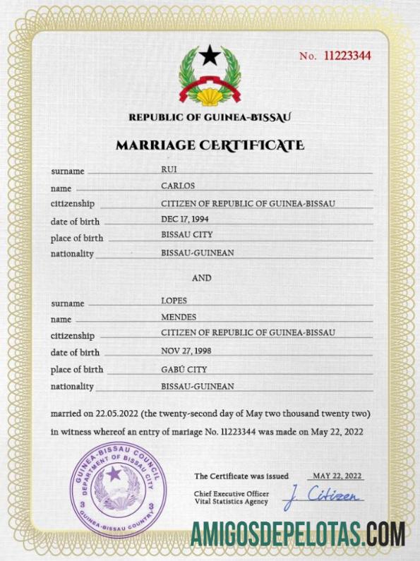Imprimível modelo PSD de certidão de casamento de Guniea Bissau